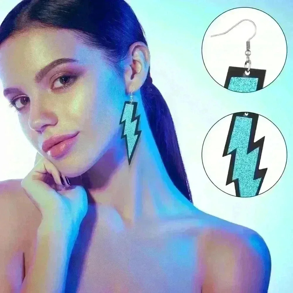 80s Retro Neon Blue Glittery Lightning Earrings, Party  Cosplay Festival Jewelry - Picture 8 of 9